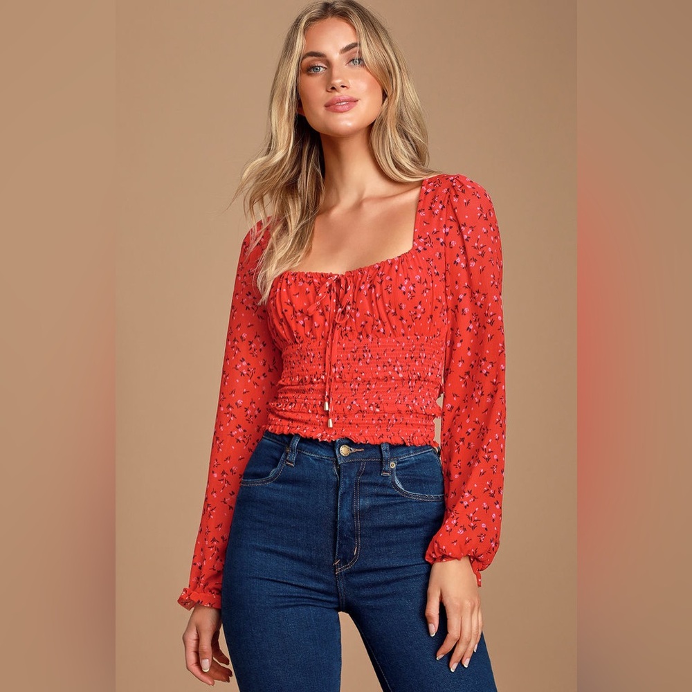 Free People Lolita Red Floral Print Ruffled Top - Size Large